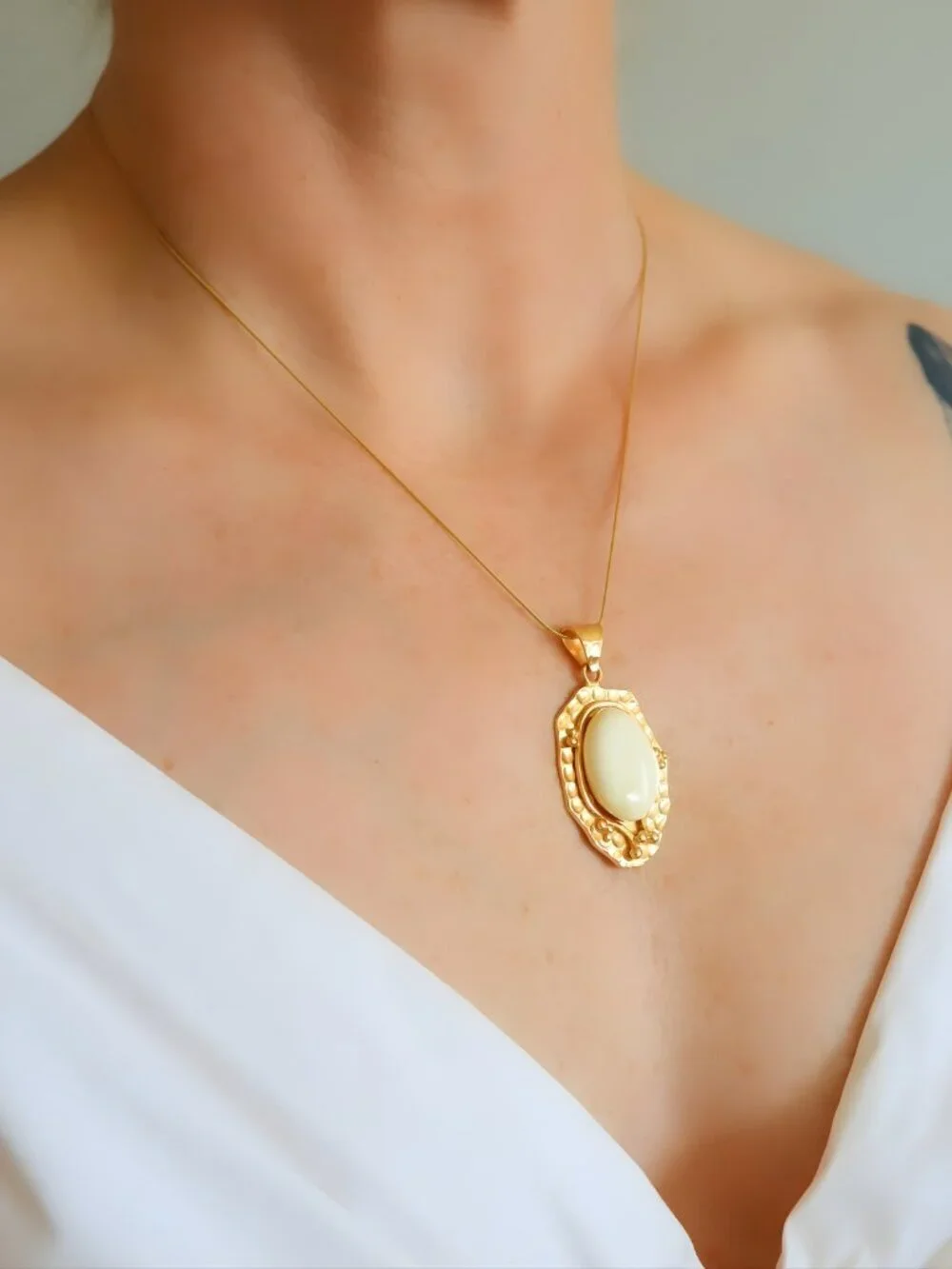 White Baltic Amber Necklace Gold Plated Silver Oval Pendant